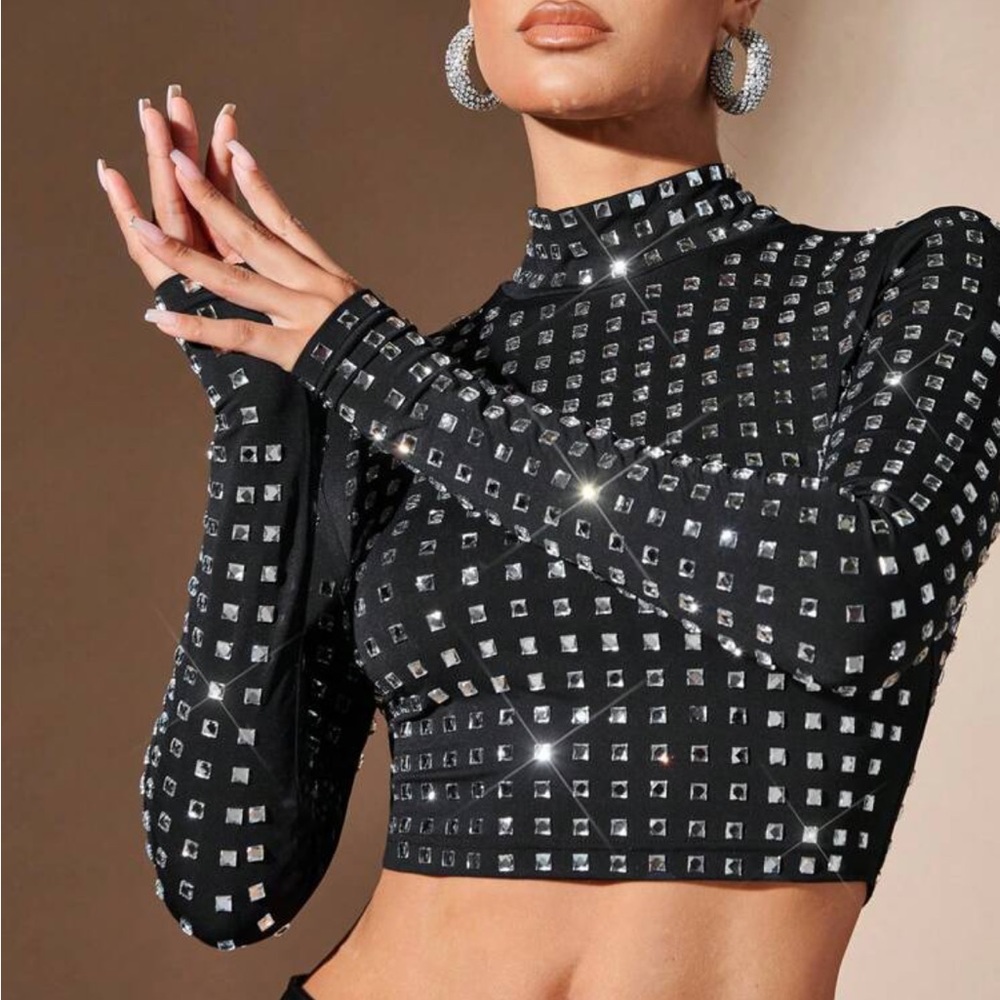 Mock Neck Rhinestone Crop Tee - Picture 3 of 5